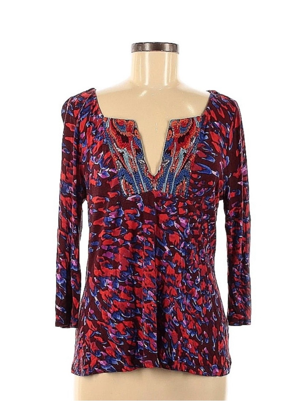 Anthropologie A Common Thread Watercolor Top w/ Embellished V Neck Size M
